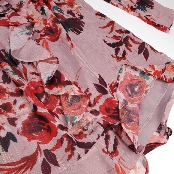 New Lovers + Friends Pink Floral Gold Metallic Stripe Sheer Ruff… - Picture 13 of 16